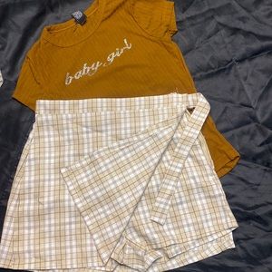 Brown top and mini skirt/shorts